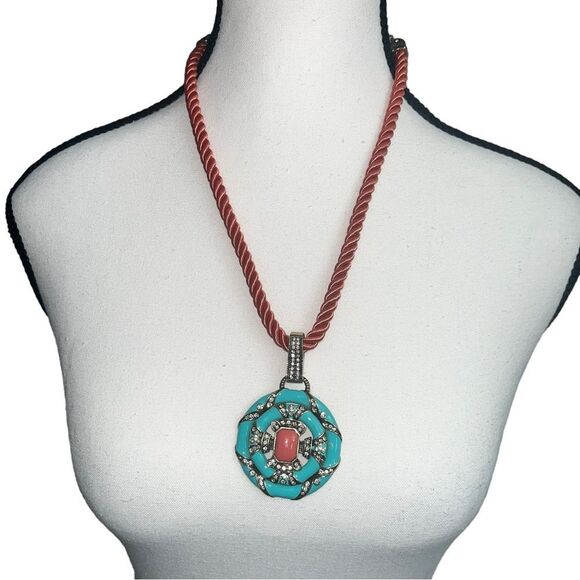 Heidi Daus Turquoise & Coral Enamel Statement Changeable Necklace - Picture 1 of 6